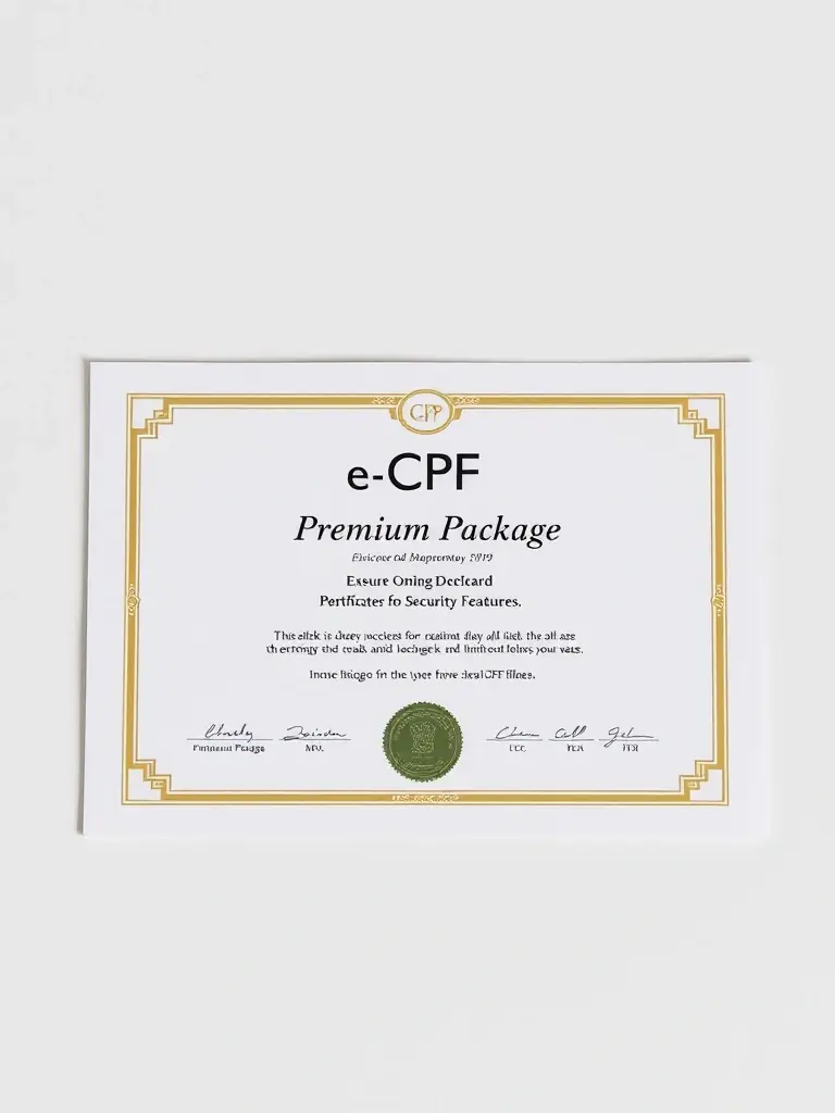 A professional, high-quality image depicting the e-CPF Premium Package certificate, emphasizing its enhanced security features and sleek design, suitable for secure online transactions.