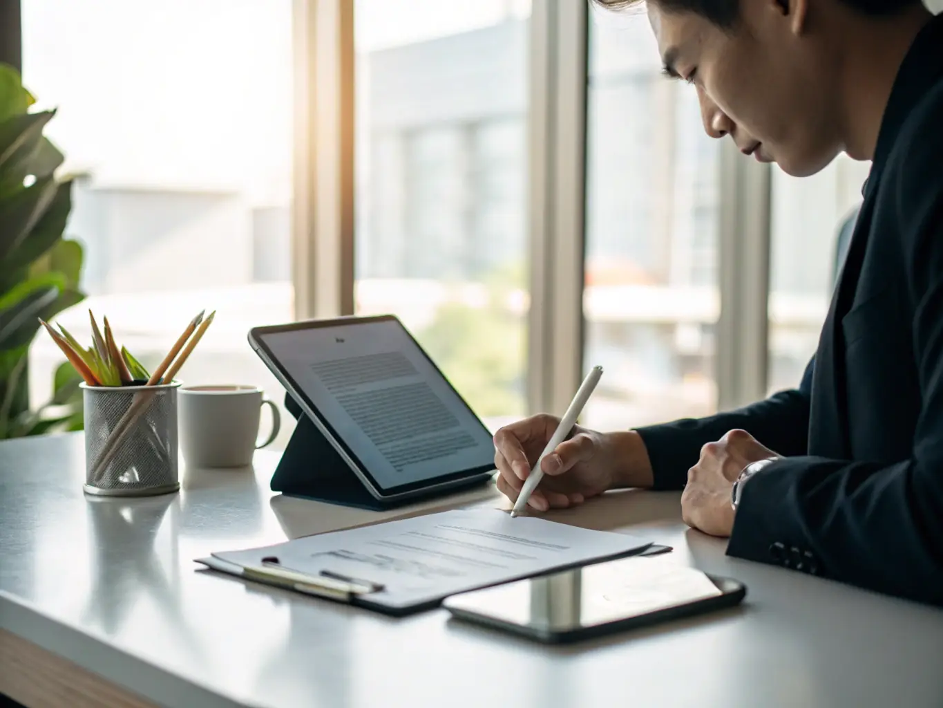 A person confidently signing a digital document on a tablet, representing the secure and legally binding nature of digital signatures made with an A1 certificate.