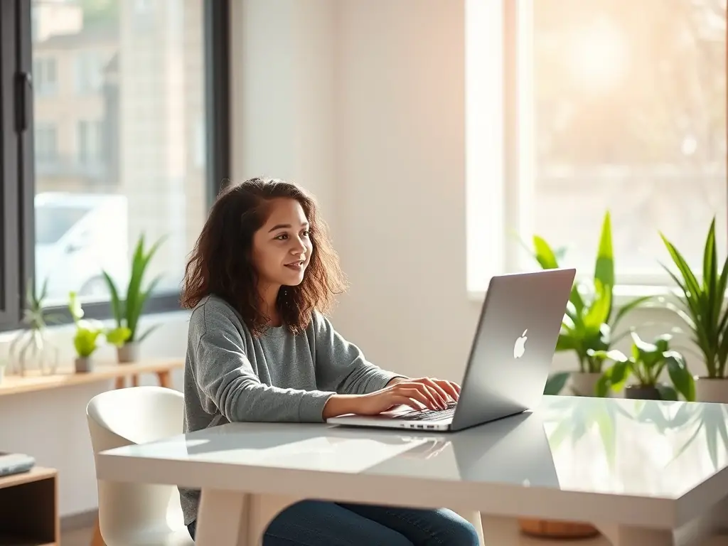 A person smiling while easily obtaining a digital certificate on their laptop at home, showcasing the convenience of Certificado Digital 24 horas' online service.