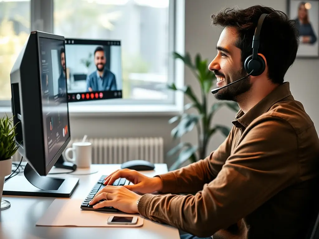 A customer receiving remote support via video conference, highlighting Certificado Digital 24 horas' commitment to customer assistance.